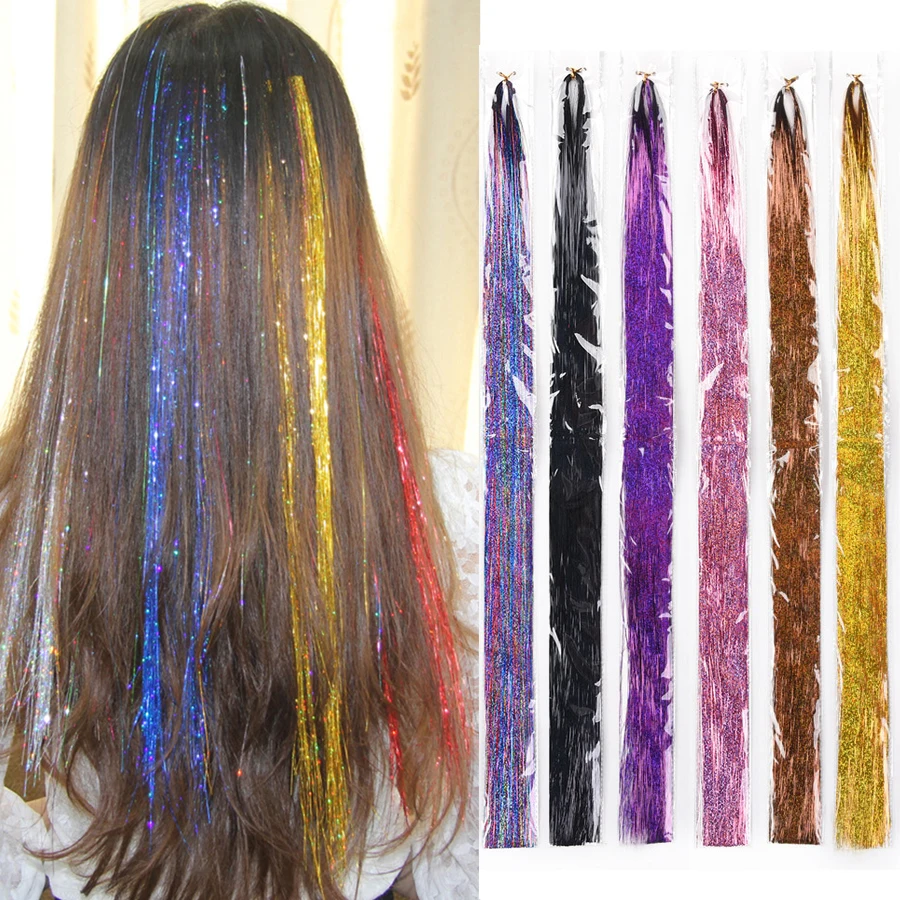 48Inch Synthetic Sparkle Hair Tinsel Glitter Strands Shiny Rainbow Hair  Dazzle Hair Extensions Braiding Fairy Hair For Girls| | - AliExpress