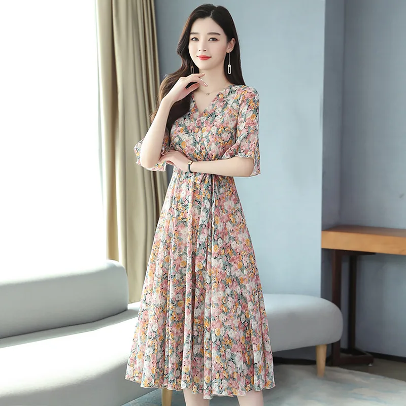 Floral dress women's summer 2021 new popular French small size Chiffon | Женская одежда