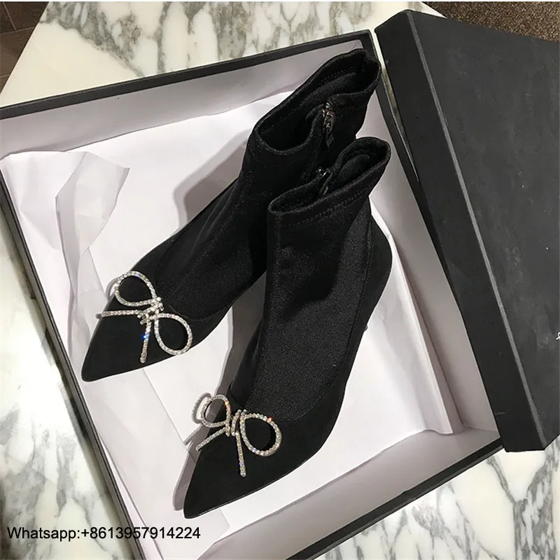 Ботинки Donna Sock Scarpe; женская обувь на высоком каблуке; chaussures femme; ботильоны с бантом-бабочкой; ботинки с острым носком на молнии; Botas Bling