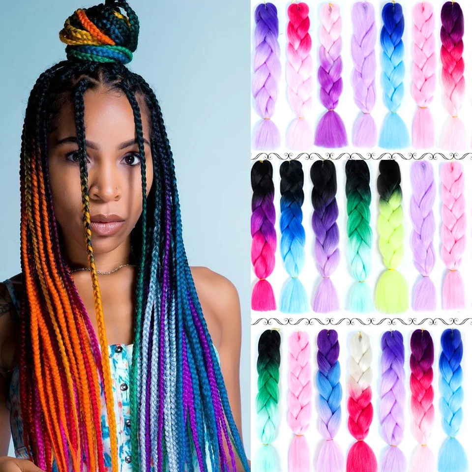 

kanekalon jumbo braid extensions hair 24 inch long Ombre Crochet Braid Colorful Synthetic xpression braiding Hair for Afro women