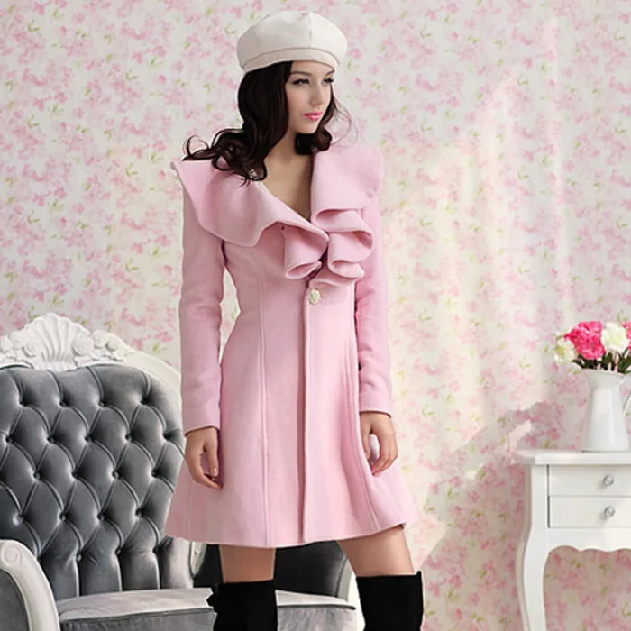 Women Winter Warm Ruffle Coat Basic Coats Solid Regular Single Button Wool Blend Trench Falbala Jacket JS26