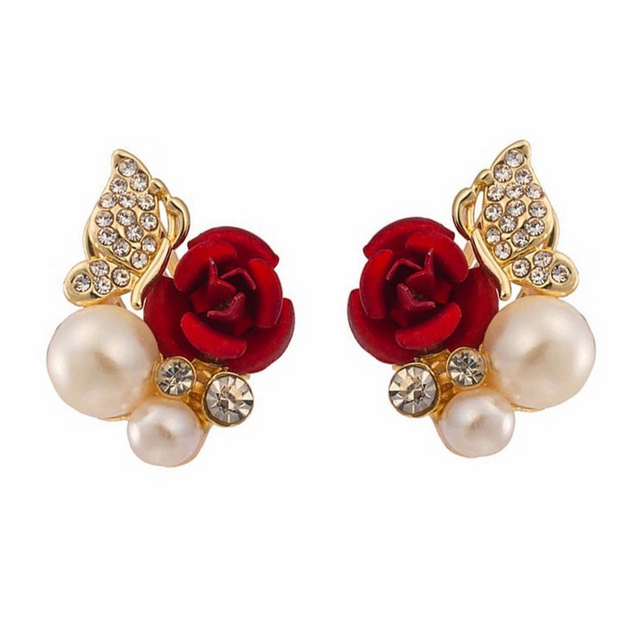 Red Rose Rhinestone Stud Earrings For Women Butterfly Angel Wings Pearl Flowers Earring Bride Wedding Engagement Jewelry