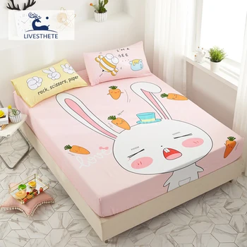 

Liv-Esthete Rabbit Carrot Pink Fitted Sheet 100% Cotton Mattress Cover Queen King Bed Sheet On Elastic Band Bed Linen For Adult