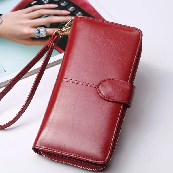 ACELURE Solid Color Women Long Wallets Simple Style Zipper& Hasp Purse With Card Holder Oil Wax Pu Leather Ladies Daily Wallet - Цвет: Burgundy