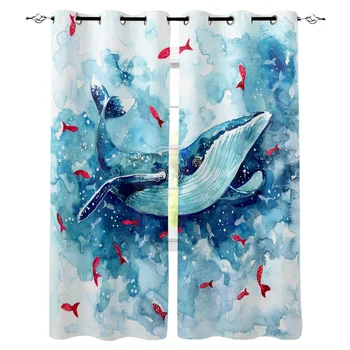

Blue Whale Red Fish Watercolor Window Curtains LivingRoom Kitchen Curtains Left and Right Biparting Open