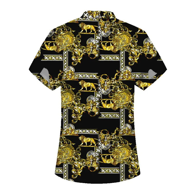 Мужские повседневные рубашки Chemise Homme с принтом льва, короткий рукав, облегающая модель, летняя рубашка, размер M-3XL