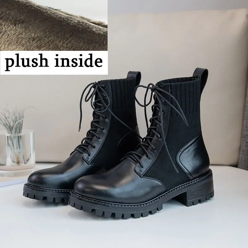 plush inside ALLBITEFO/женские ботинки из натуральной кожи и шерсти; ботильоны; однотонные модные удобные кожаные ботинки; сезон осень-зима - Цвет: plush inside