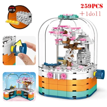 

Creative LED Light Rotating Box Building Blocks Friends City Street View Cherry House Tree Technic Bricks Toys For Children Gift