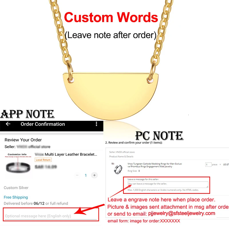 Для женщин персонализировать гравировка подвеска в форме половины Луны ожерелье золотой тон нержавеющая сталь полукруг женский чокер на заказ ювелирные изделия - Окраска металла: Custom