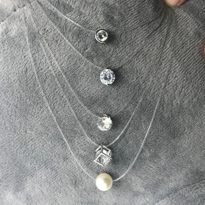 FSUNION-collar de hilo de pescar transparente para mujer, cadena Invisible de Color plateado, gargantilla de diamantes de imitación, 2020