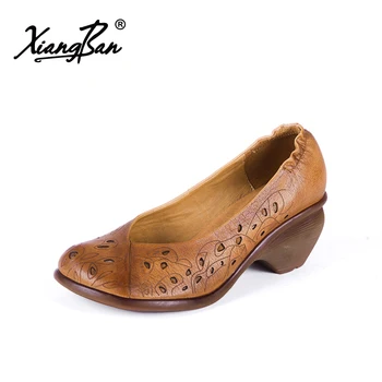 

Hollow out Women Pumps Shoes Medium Heels Natural Leather Hand Carved Shallow Mouth Round Head Ladies Shoes Elegance