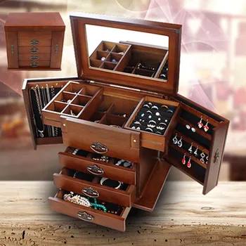 

Large Multi-Layer Retro Wooden Jewelry Box Luxury Jewelry Display Tray Holder Casket Earrings Ring Box Mirror Jewelry Organizers