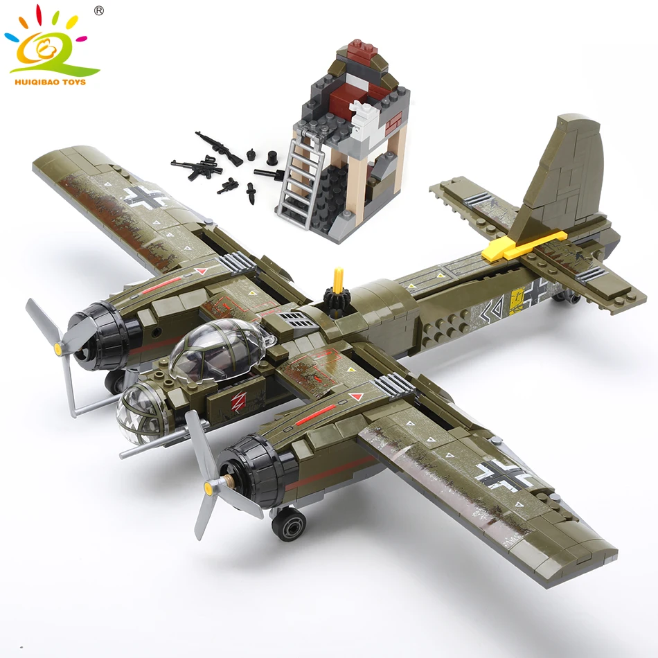 Photo Product HUIQIBAO 559pcs Military Ju-88 Bombing Plane Building Block WW2 Helicopter Army Weapon Soldier Model Bricks Kit Toy for Children