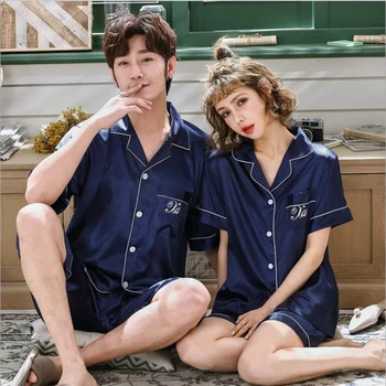 

Summer new ice silk couple pajamas Short-sleeved men and women V-neck cardigan silk clothing silk suit wholesale