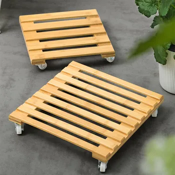 

Bamboo Movable Plant Pot Trolley Tray Square Universal Wheel Potted Chassis Base Stand Desktop Geometry Glazed Vase Bamboo Tray