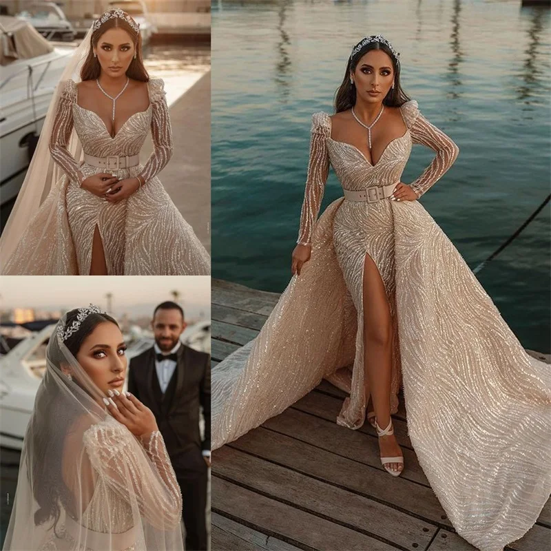 

Champagne Sequins Wedding Dresses With Detachable Train Long Sleeves Bridal Gowns Sexy V Neck Custom Made Robes De Mariée