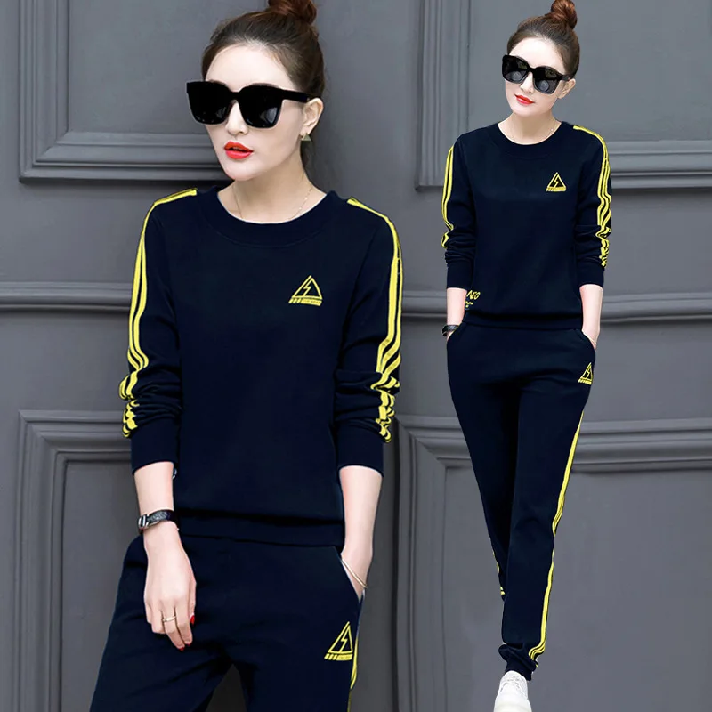

2019 Spring And Autumn New Style Korean-style Large Size Sports Clothing Hoodie WOMEN'S Suit Crew Neck Casual Long Sleeve Two-Pi