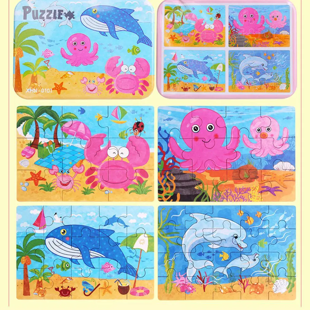 Children's Puzzle Four In One Wooden Jigsaw Iron Box For Children's Intelligent Cartoon Toy Bricks - Цвет: marine animals