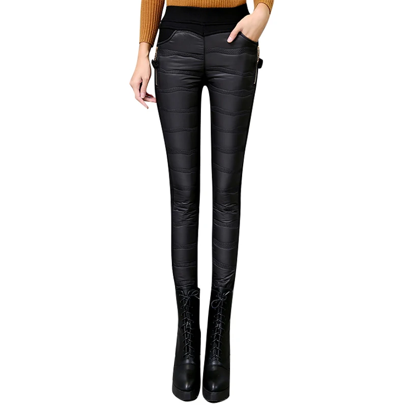 4XL, плюс размер, женские штаны, брюки, зимние, высокая талия, эластичная верхняя одежда, женские брюки, обтягивающие, тонкие, теплые, плотные, пуховые штаны - Цвет: Black