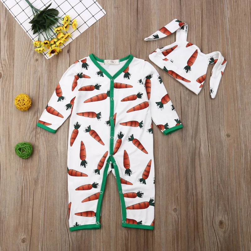 Focusnorm/комплект из 2 предметов для новорожденных мальчиков и девочек от 0 до 18 месяцев, одежда с морковкой на пуговицах, комбинезон с длинными рукавами, мягкий хлопковый комбинезон+ шапка, осенняя одежда