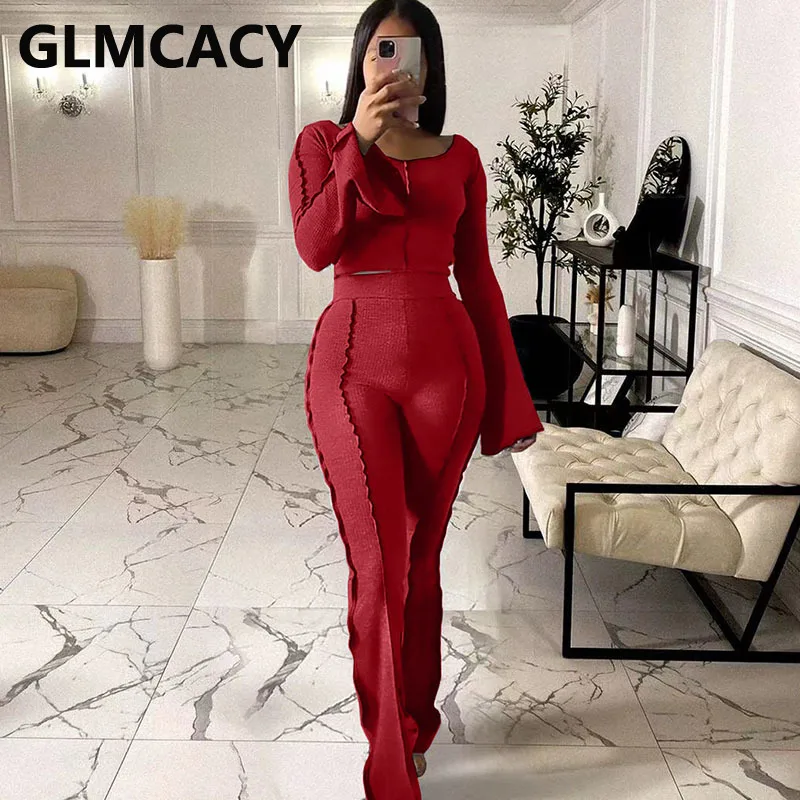 Women Two Piece Chic Ribbed Suits Flare Sleeve O Neck Crop Top & Slim