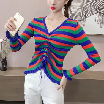 

Autumn Classic Women Sweater Butterfly Sleeve V-neck Long-sleeved Knit Pullover Fashion Trend Rainbow Striped Drawstring Sweater