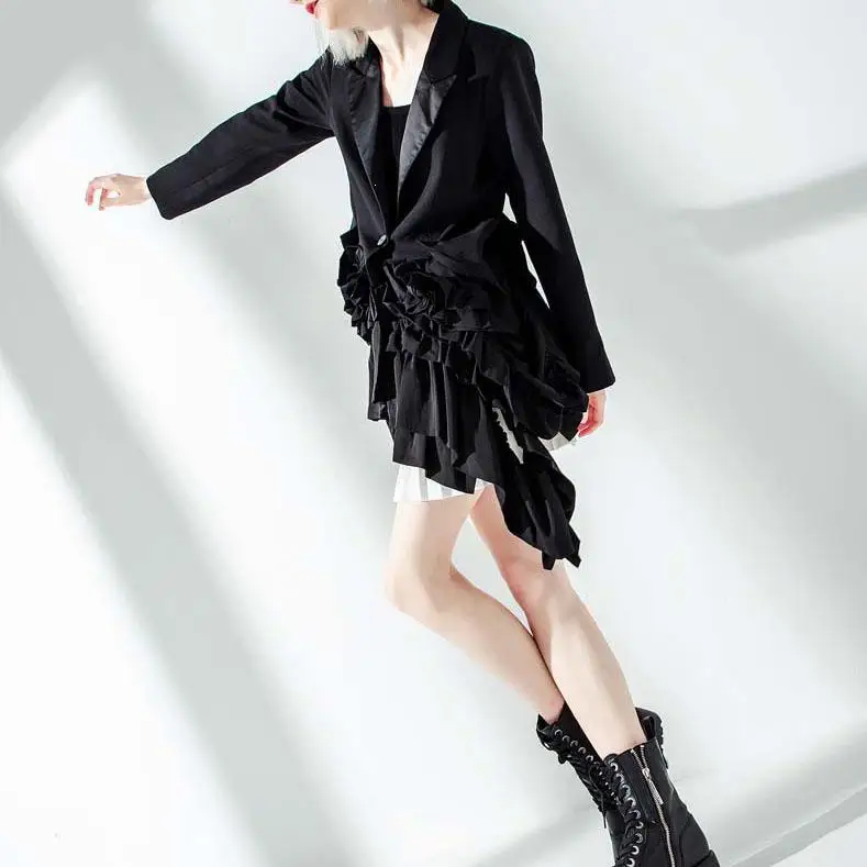 Fashion New Lapel Long Sleeve Black Ruffles Pleated Jacket Women Stitch Loose Irregular Coat