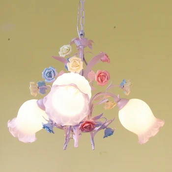 

European Warm Pastoral Style Dining Room Three Bedroom Iron Pink Ceramic Flower Rose Korean Pendant Light Bed hanglamp