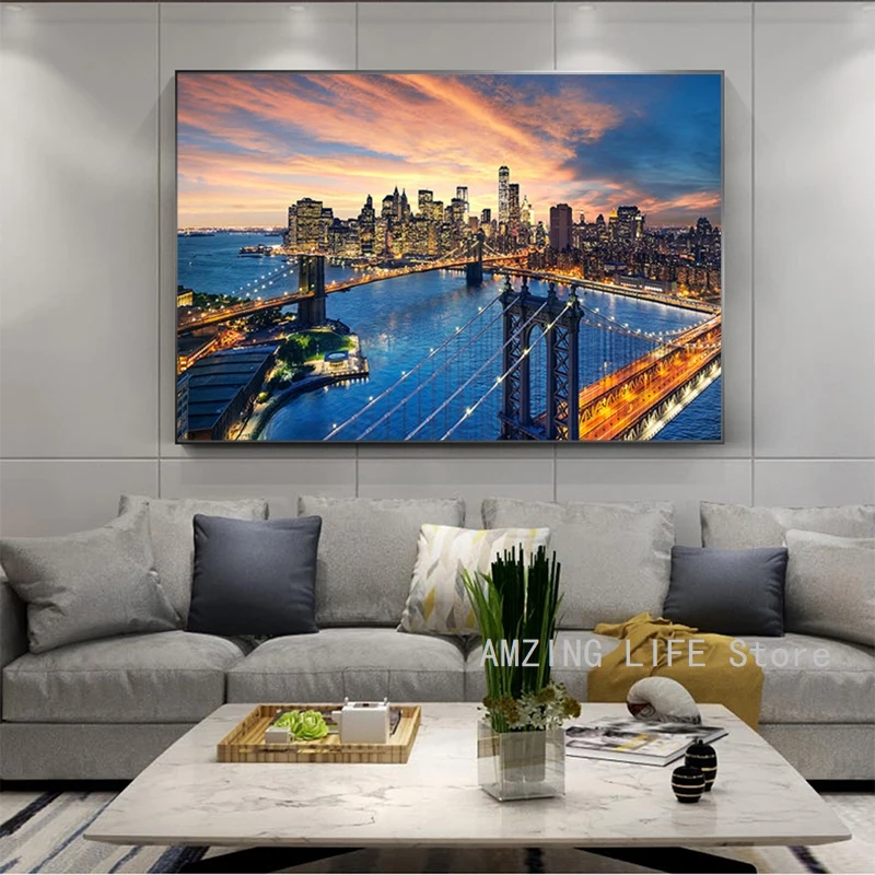 New York City Canvas Painting Brooklyn Bridge Manhattan Sunset Poster and Print Wall Art for Living Room Home Decoration Cuadros | Дом и сад