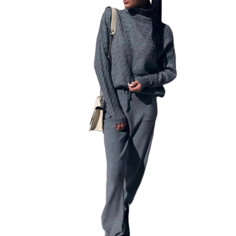 2 Pieces Woman Knitted Suits Wool Warm Sports Sets Ladies Turtleneck Sweater+Pants Casual Autumn Winter Slim Tracksuits New - Цвет: Gray