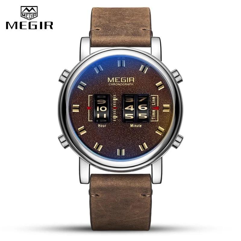 Brown MEGIR, модные, мужские, роликовый дизайн, деловые часы, мужские, кварцевые часы, кожа, водонепроницаемые, повседневные, спортивные, мужские часы, Relogio Masculino - Цвет: Brown