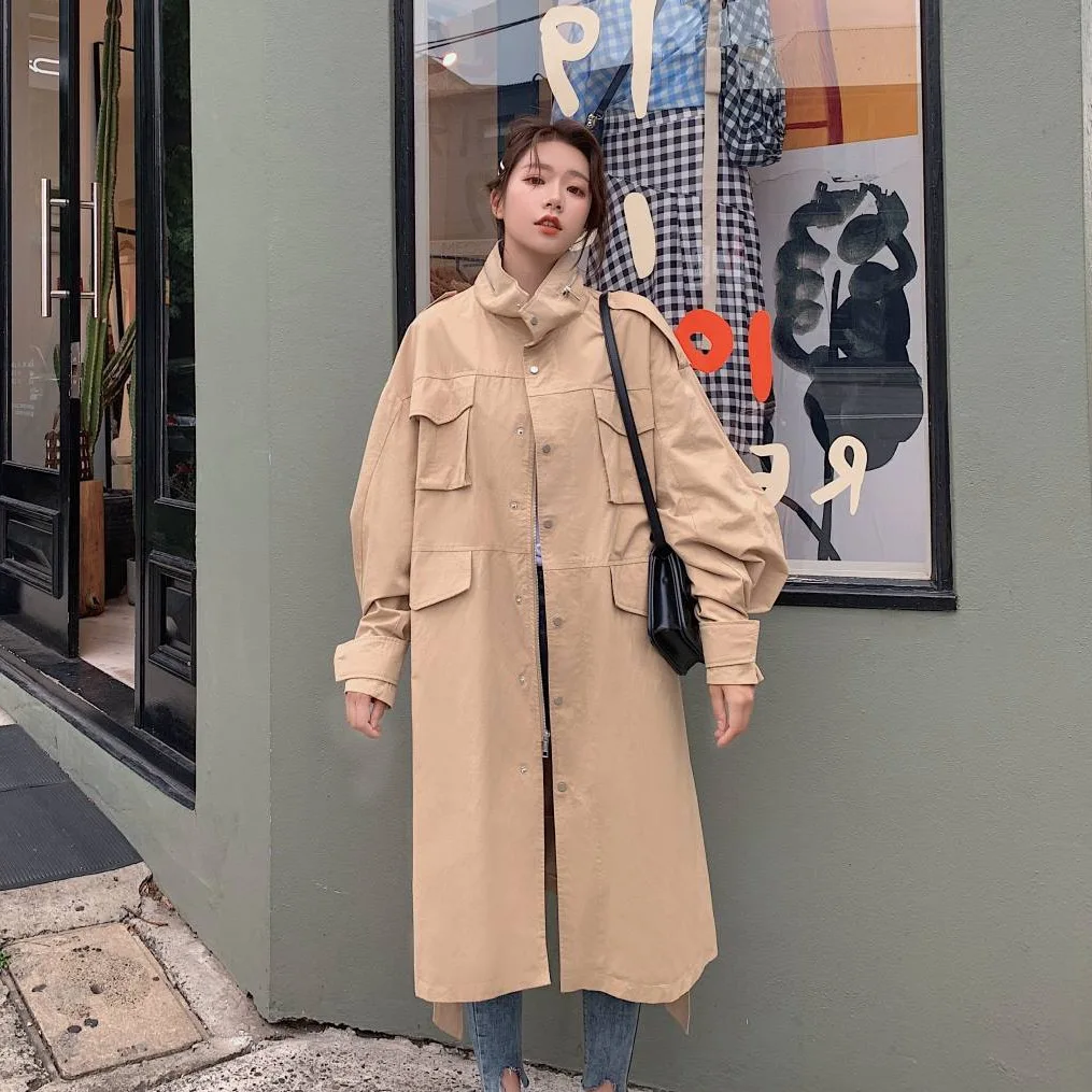 

Photo Shoot CHIC Korean-style Khaki Mid-length Handsome Stand Collar Lantern Sleeve Waist Hugging Lace-up Workwear Trench Coat W