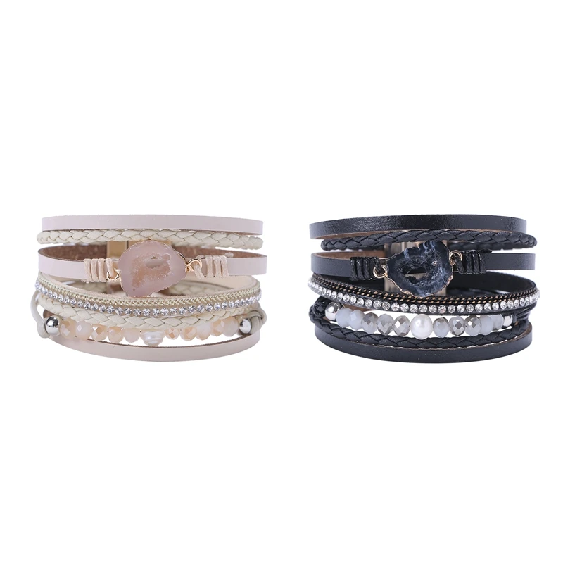 2 шт модный Многослойный кожаный браслет с магнитной застежкой ручной работы браслет для браслета ювелирные изделия подарок бежевый и черный