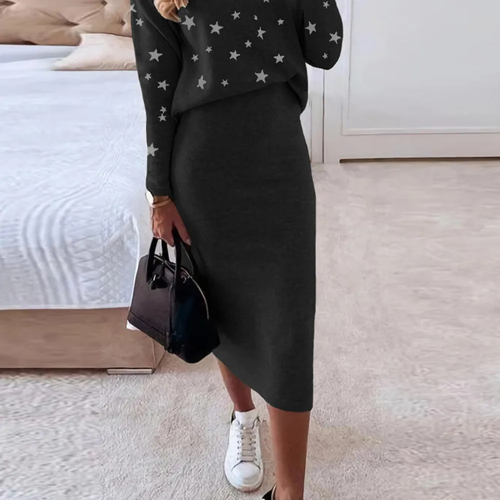 blue pant suit Women Winter Star Print Top Slim Solid Color Skirt Set Elegant Loose Casual Two Piece Set Office Ladies Tight Vestido Streetwear women's short suit set