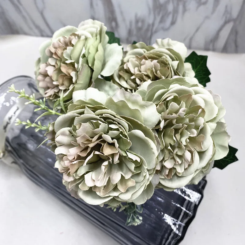 Light green YOOROMER 5 головок пион букет 8 см Высокое качество пион голова цветок шелковая искусственная Роза Свадебные украшения для дома Семья DIY ремесло - Цвет: Light green