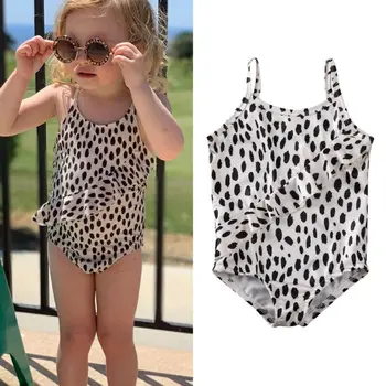 

1-6Y Infant Baby Kids Girl Leopard Print One Piece Swimwear Ruffles Sleeveless Swimsuit Beach Swimming Costume