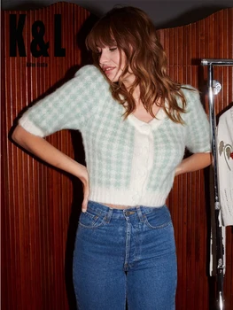 

K&L kylen 2020 new four seasons French vintage short sweater women Plaid bubble short sleeve high waist knitted cardigan jacket