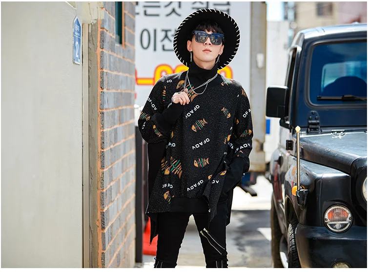 Spring and autumn loose high collar cape windbreaker men's trend printing casual jacket chic original bat sleeve cloak