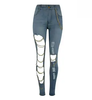 

Women Skinny Jeans Hole Destroyed Ripped Distressed Chain Denim Trousers Pants