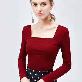 

Foamlina Elegant Ladies Square Neck Long Sleeve Cotton T Shirt 2019 Autumn New Solid Slim Fit Vintage Women Tshirt Top Plus Size