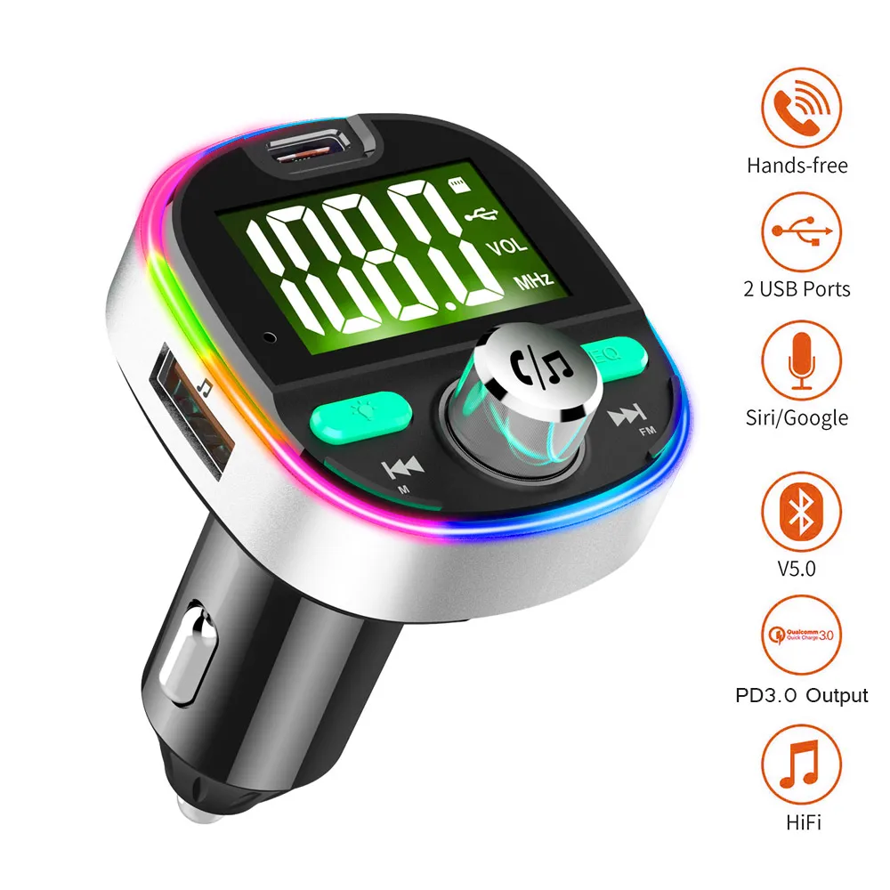 Для iPhone samsung Мобильный автомобиль Bluetooth 5,0 MP3-плеер fm-передатчик красочные атмосферные огни Hands-free Автомобильное зарядное устройство(BC53