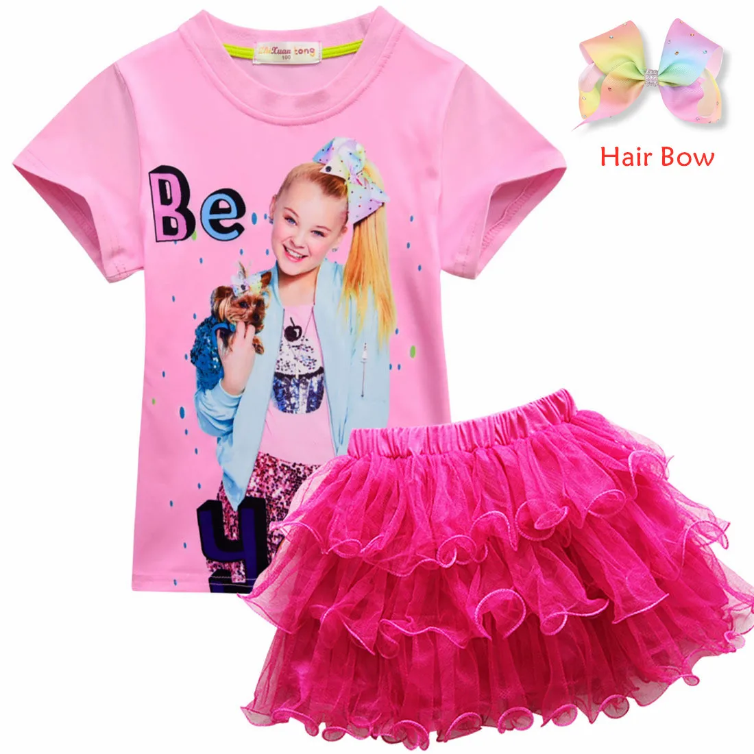 

3Pcs Jojo Siwa Cotton Dress For Girls Short Sleeve Shirt For Kids Girl Birthday Party Gift Halloween Costume Toddler kids Sets