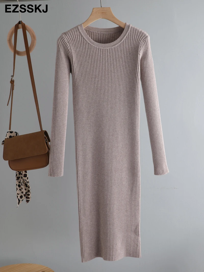 elegant Autumn Winter basic Maix  Sweater dress women solid bodycon Thick dress Female Jumper O-neck slim knit dress Long sleeve long sleeve dress