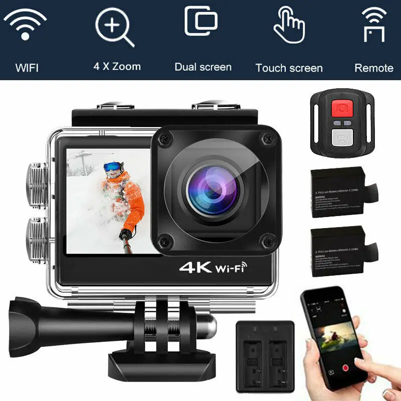 Best Deal WiFi 2'' Touch Screen Action Camera 4K HD Dual Screen 60FPS  Helmet Cam EIS Remote Control Underwater Waterproof Sport Cameras