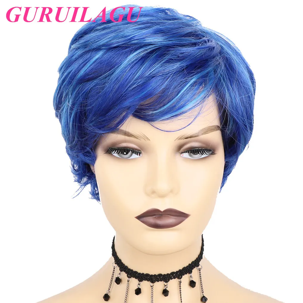 GURUILAGU Blue Short Wig Heat Resistant Fiber Synthetic Hair Wig Natural Wavy Cosplay Wigs for Women Pixie Cut Wig With Bangs