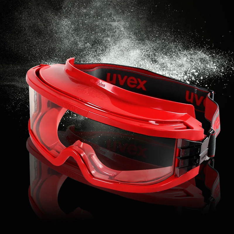 

UVEX Safety Goggles Anti-UV Dustproof Sporty Lab Goggles Anti-impact Protective Eyewear Red Color Transparent PC Lens Eyeglasses