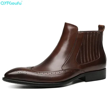 

QYFCIOUFU Italian Fashion Designer Genuine Leather Brogue Men's Ankle Boots Pointed Toe Slip-on Handmade Formal Dress Boots Shoe