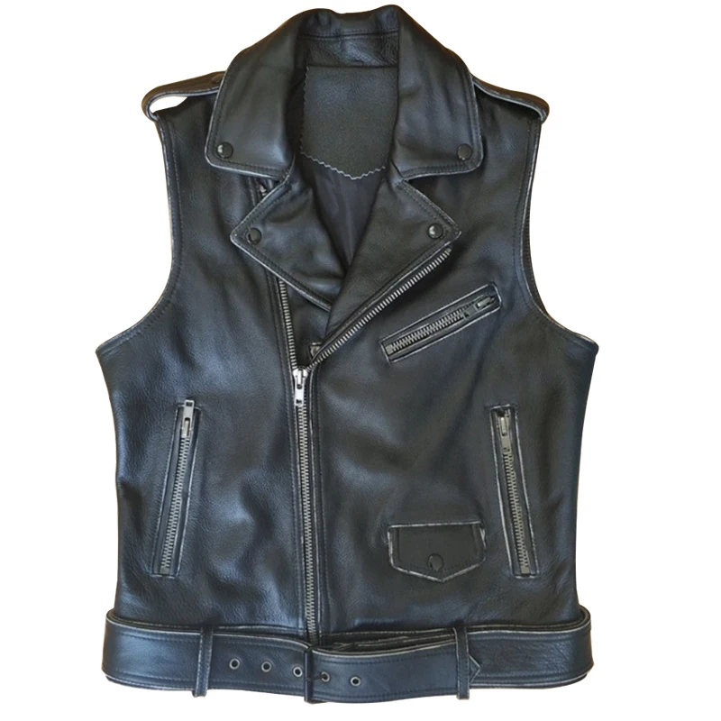 

2020 Vintage Black Men Slim Fit Motorcycle Leather Vest Plus Size XXXL Genuine Cowhide Russian Autumn Short Biker's Coat