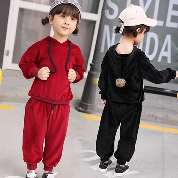 

Soft Velvet Children'S Suit Spring Autumn Boys Girls Solid Color Two-Piece Baby Clothes Fashion Hoodie Cute Toddle Casual Sports