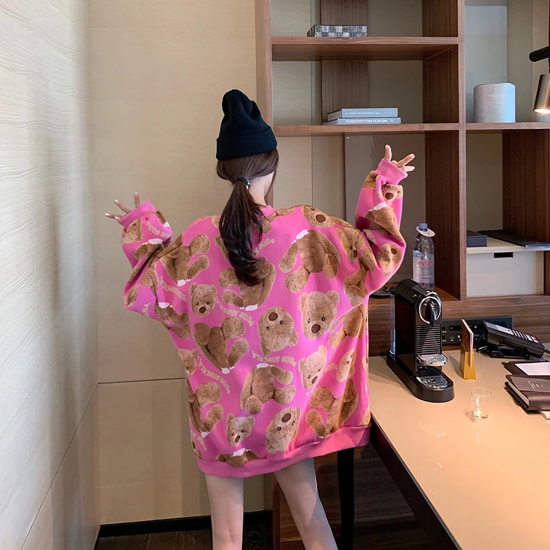 Harajuku модная женская толстовка, теплый жаккардовый свитер с рисунком медведя из мультфильма, высокое качество, большой размер, зимний женский Повседневный пуловер